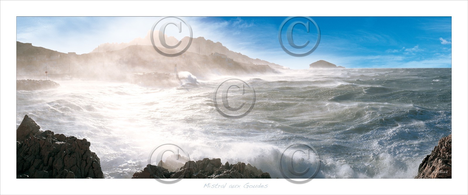 MISTRAL A 180km h AUX GOUDESCalanques Provence Marseille photo couleurFORMAT DISPONIBLE  120 x 50cm avec pourtour blancpas de telechargement disponible.A chaque format correspond une éditions limitée spécifique .© collection P GUZIKA titre indicatif suivant la finition, tarif encadré vente direct:120 x 50cm   169€DISPONIBLE SUIVANT STOCK -  CRÉATION JOURNALIERE  -