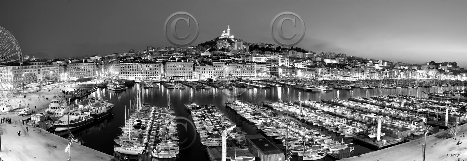 MARSEILLE VIEUX PORT DE NUIT NOIR ET BLANCFORMAT 33 X 95 cmEN POSTER PAPIER 300 get disponible en tirage photo Original